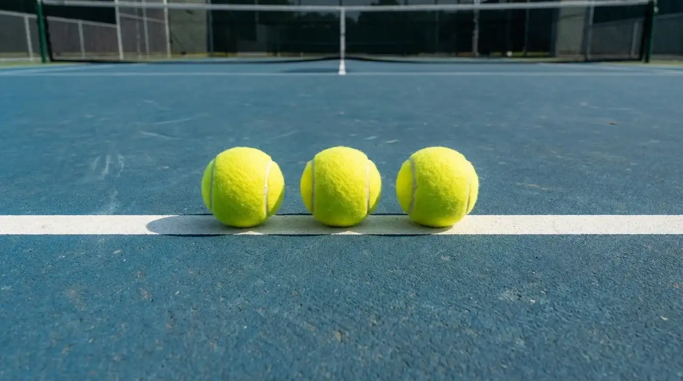 Três bolas de ténis alinhadas junto à linha de base de um campo de hardcourt