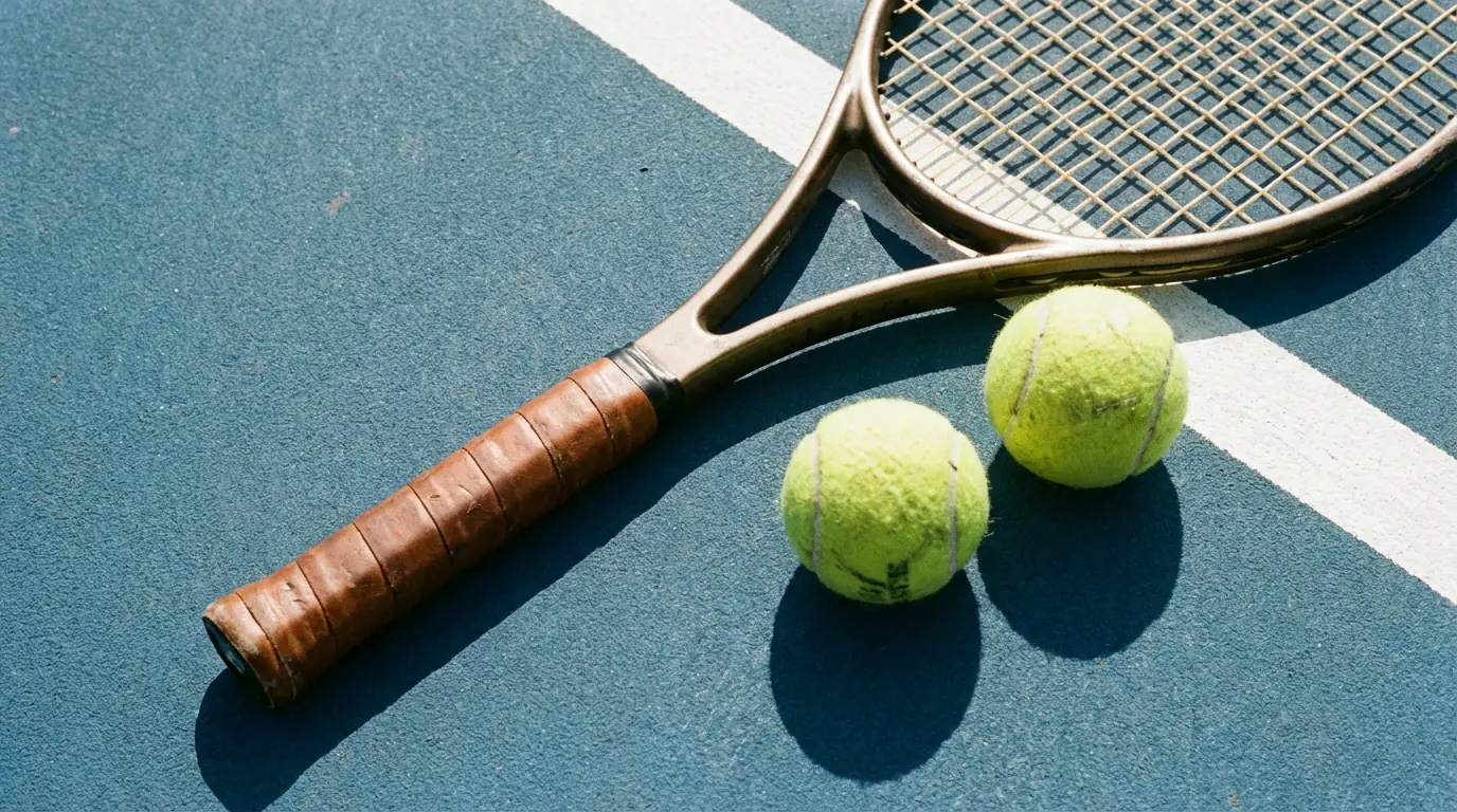 Raquete de ténis e bola sobre campo de hardcourt azul num torneio feminino