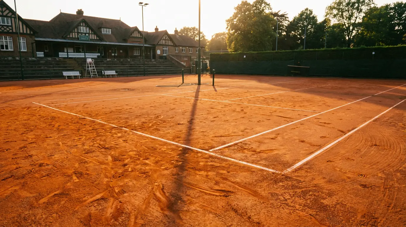 Campo de ténis de terra batida com marcas de deslize no saibro laranja