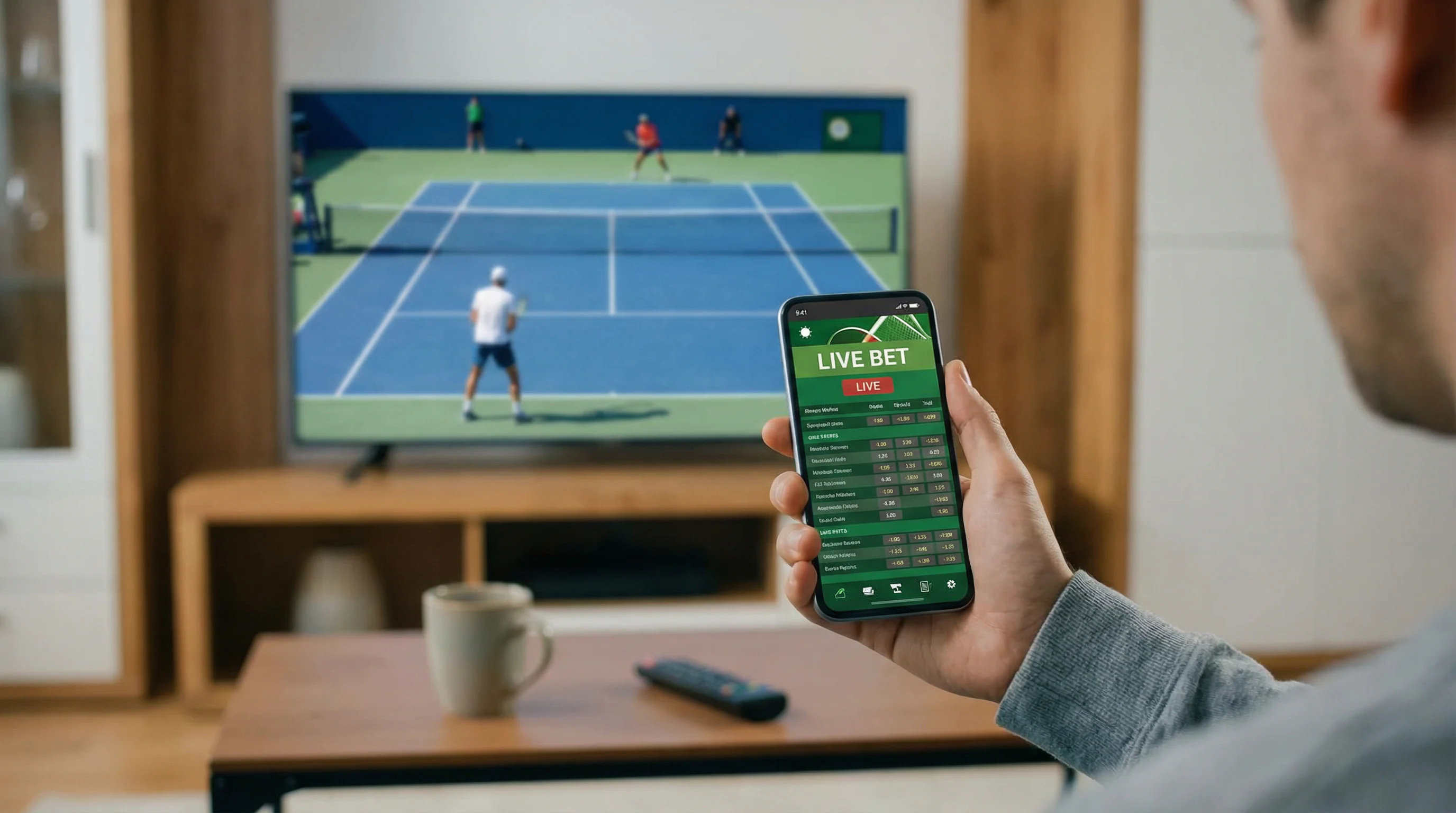 Ecrã de telemóvel com apostas ao vivo durante um jogo de ténis em court de hardcourt