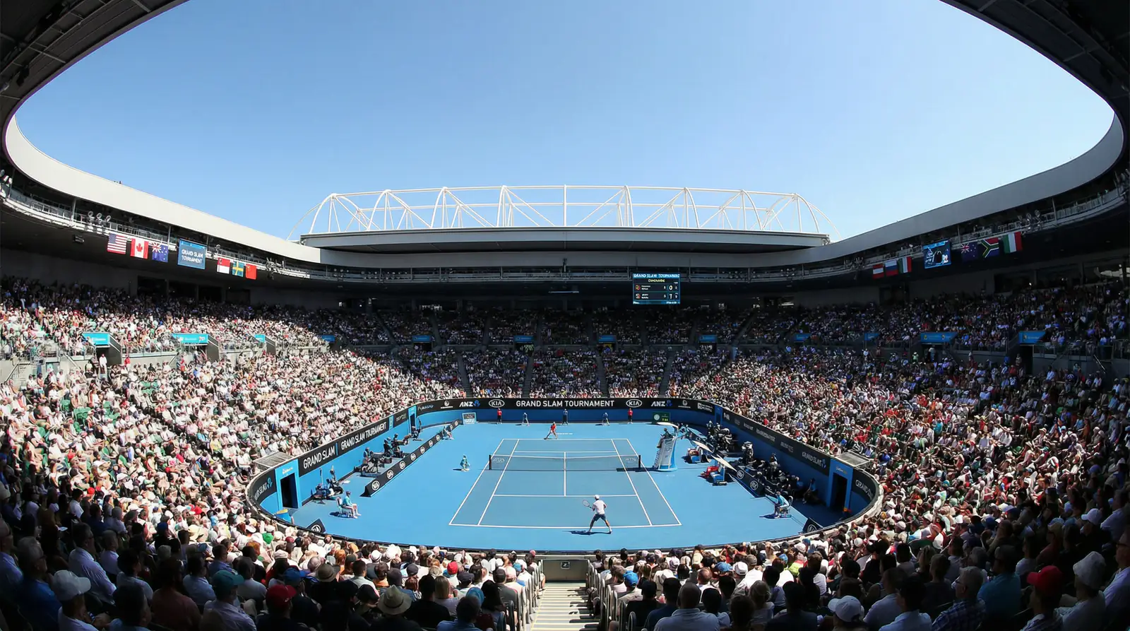 Estádio de ténis lotado durante um jogo de Grand Slam com bancadas cheias