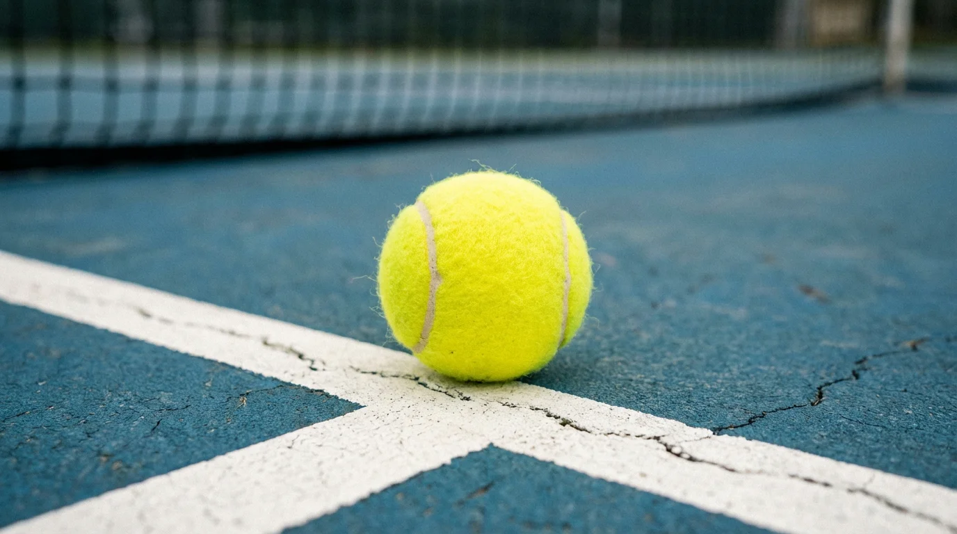 Bola de ténis sobre uma linha de campo de hardcourt com rede ao fundo
