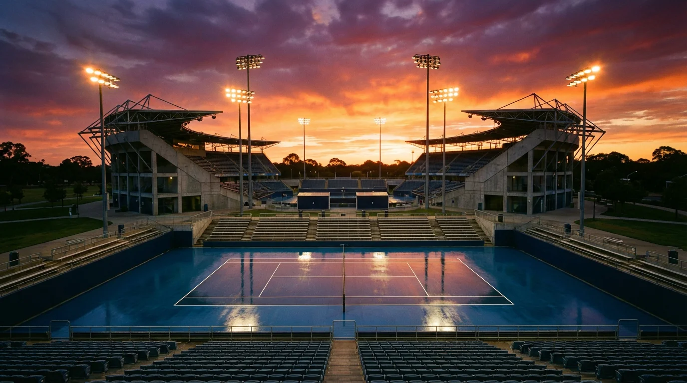 Campo de ténis de hardcourt ao pôr do sol com iluminação artificial ligada