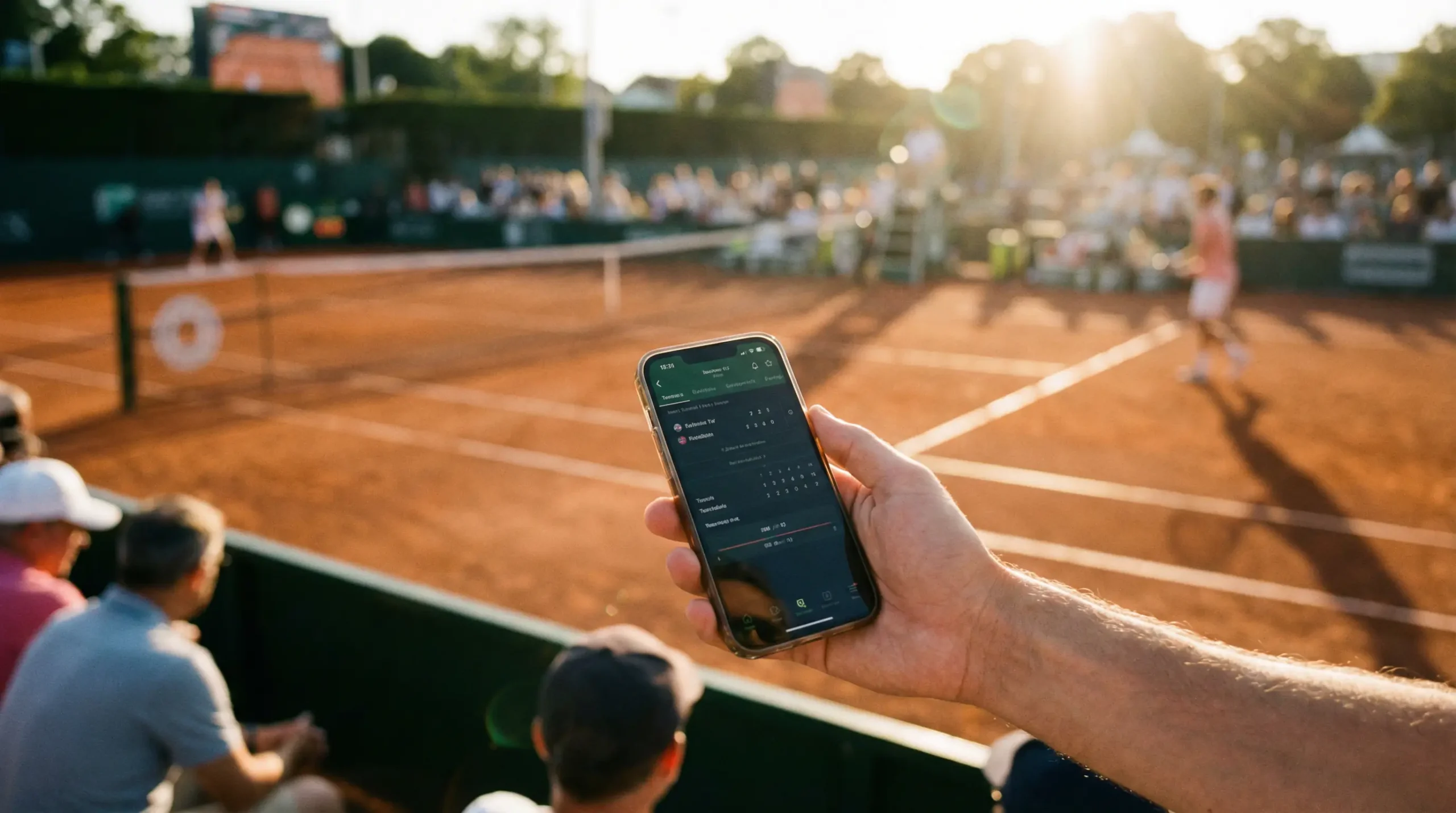 Telemóvel na mão com ecrã ligado junto a um campo de ténis ao ar livre