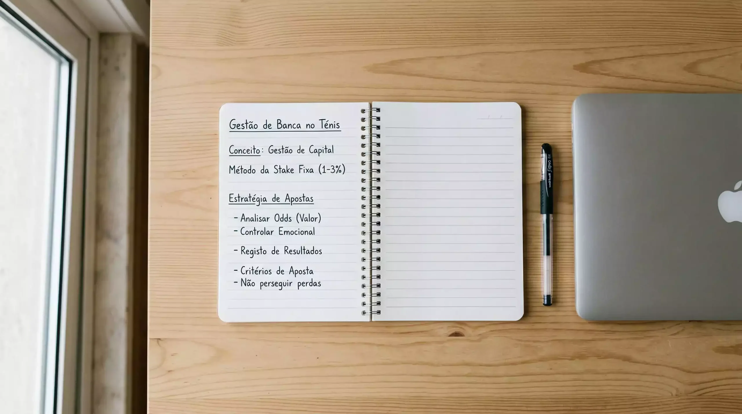Caderno aberto com caneta sobre uma secretária ao lado de um portátil