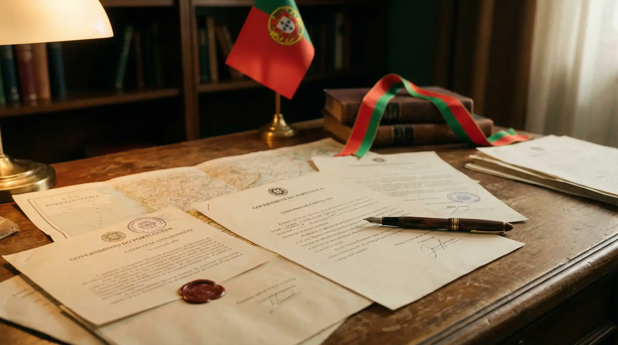 Documentos oficiais e caneta sobre uma secretária com bandeira portuguesa ao fundo