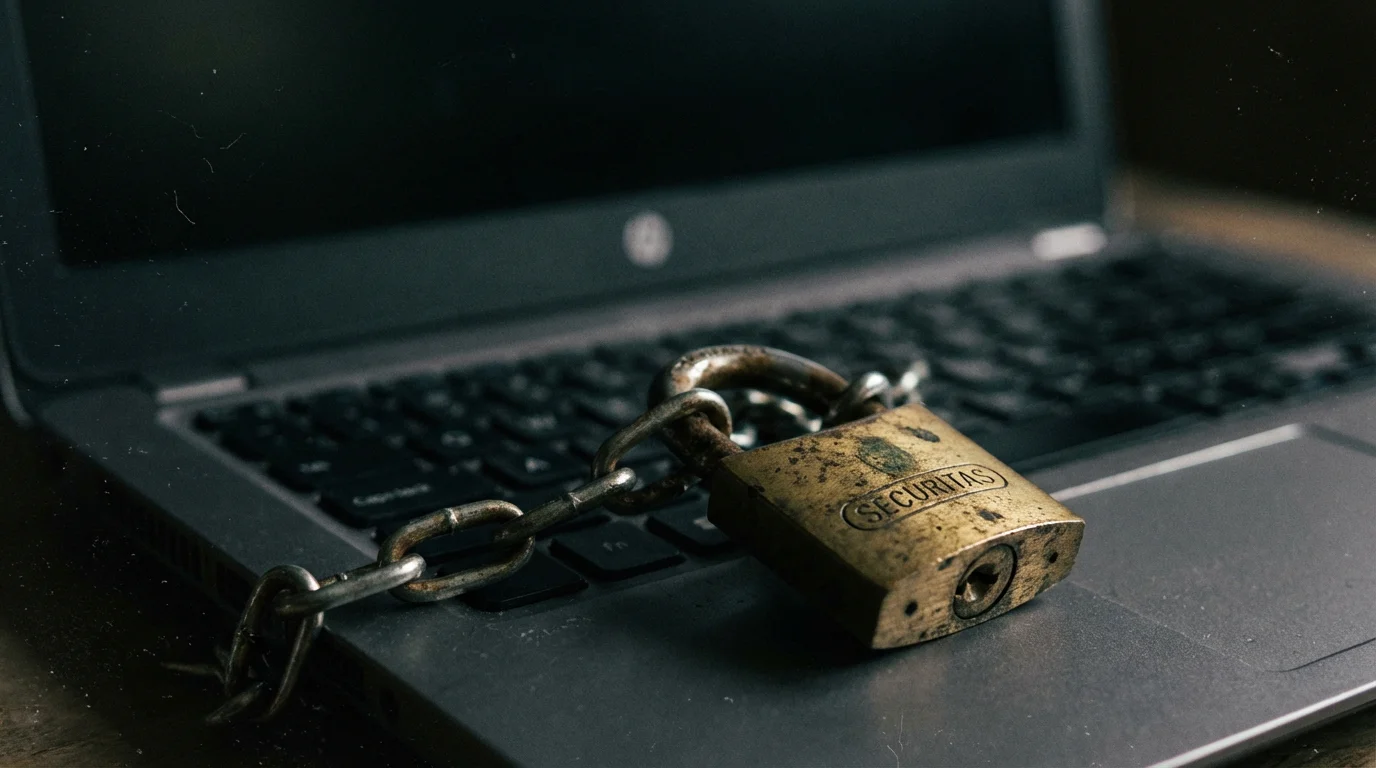 Cadeado fechado sobre um teclado de computador portátil em ambiente escuro