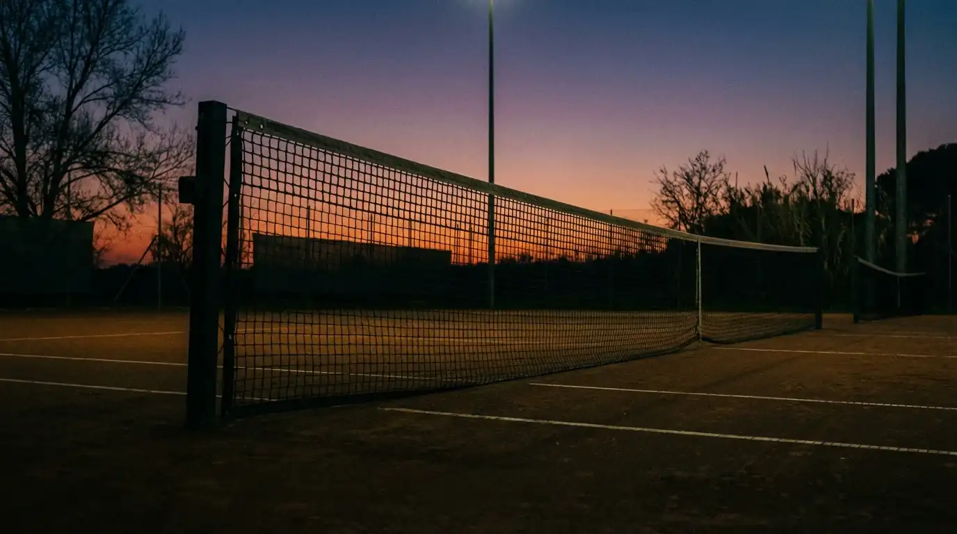 Campo de ténis vazio ao entardecer com rede e linhas de jogo visíveis