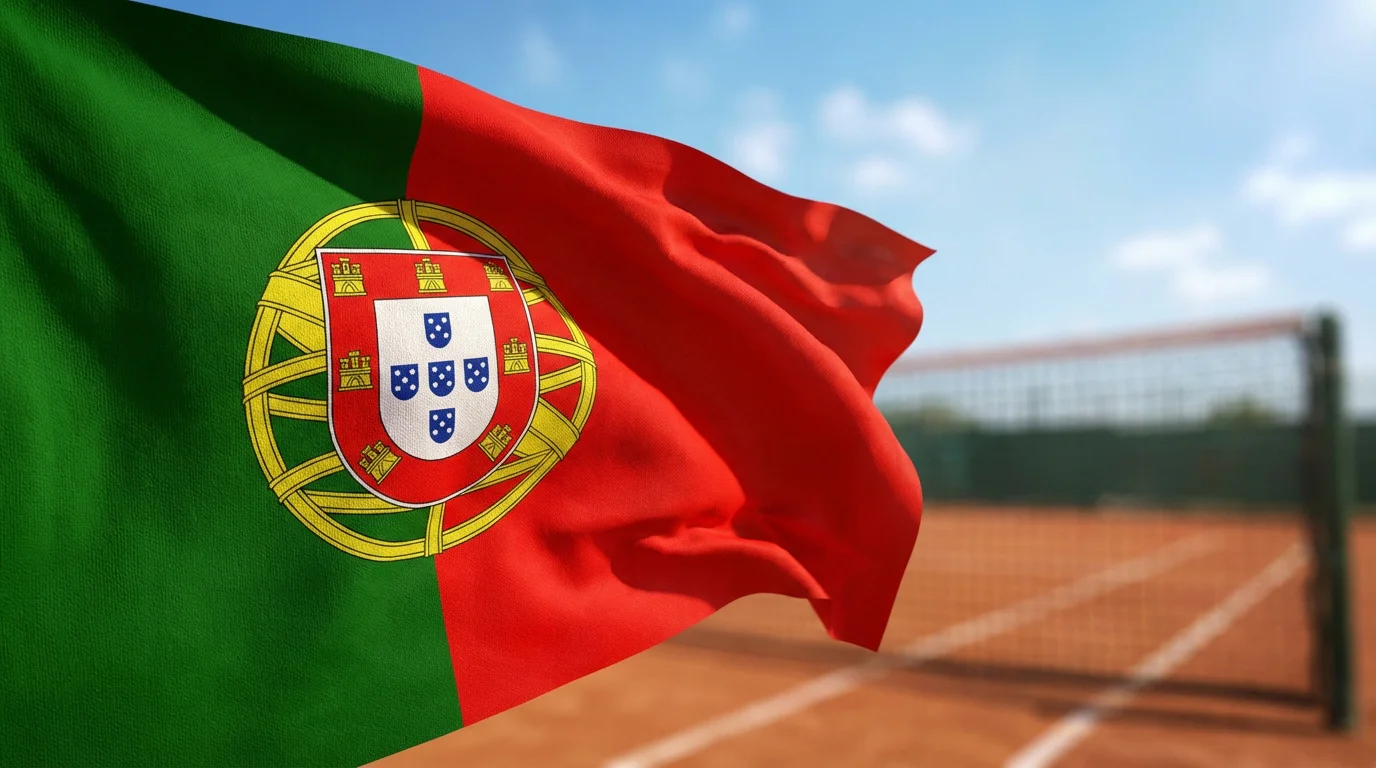 Bandeira de Portugal ao vento com court de ténis desfocado ao fundo