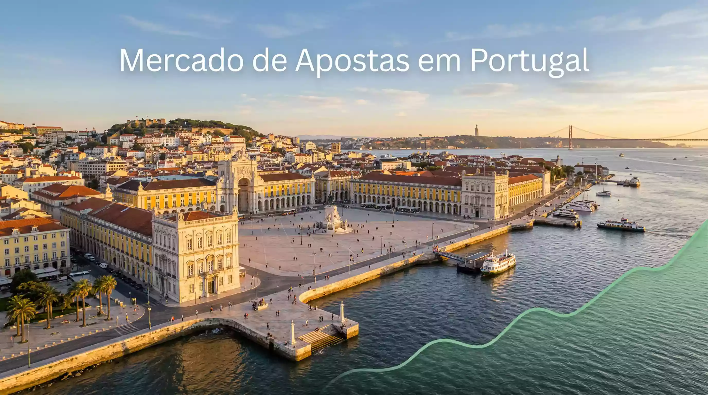 Vista panorâmica de Lisboa com sobreposição de gráfico de crescimento do mercado de apostas em Portugal