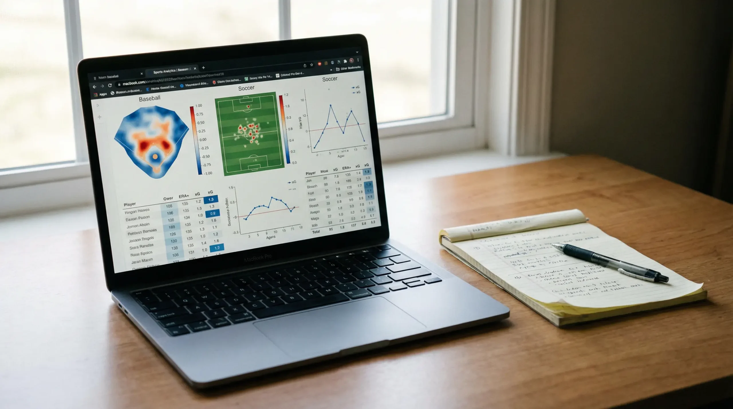 Ecrã de computador portátil com números e gráficos de análise desportiva