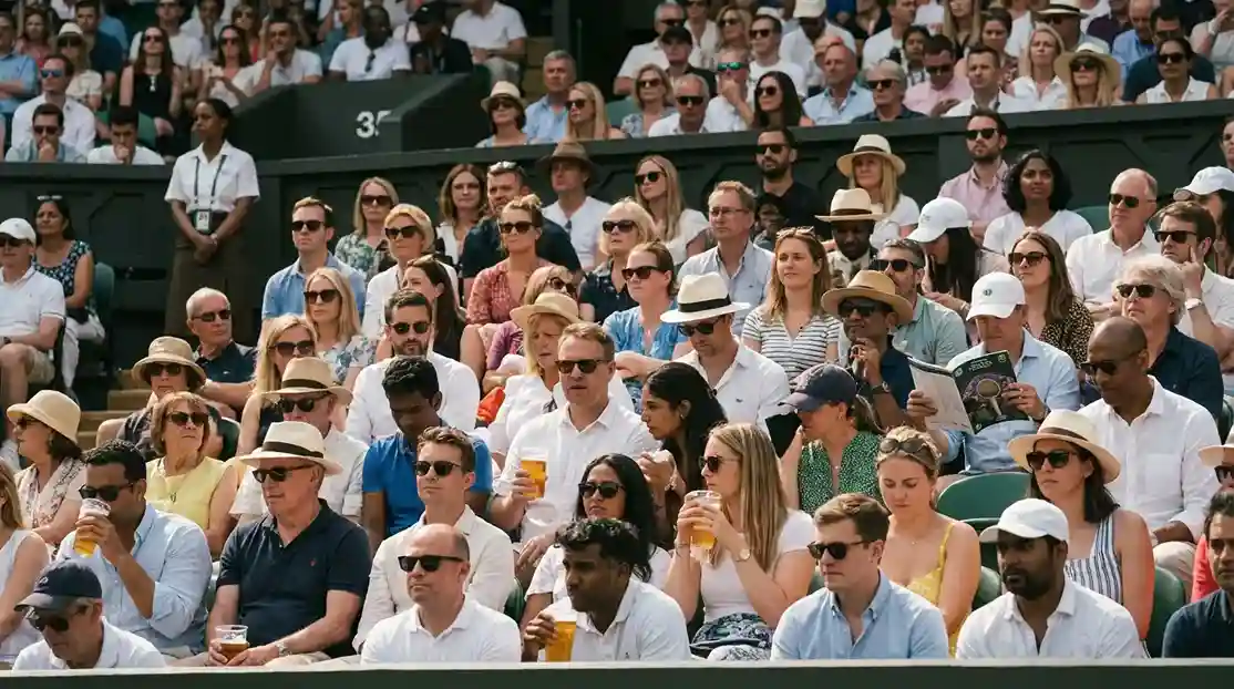 Bancada de estádio de ténis com público diverso a assistir a um jogo