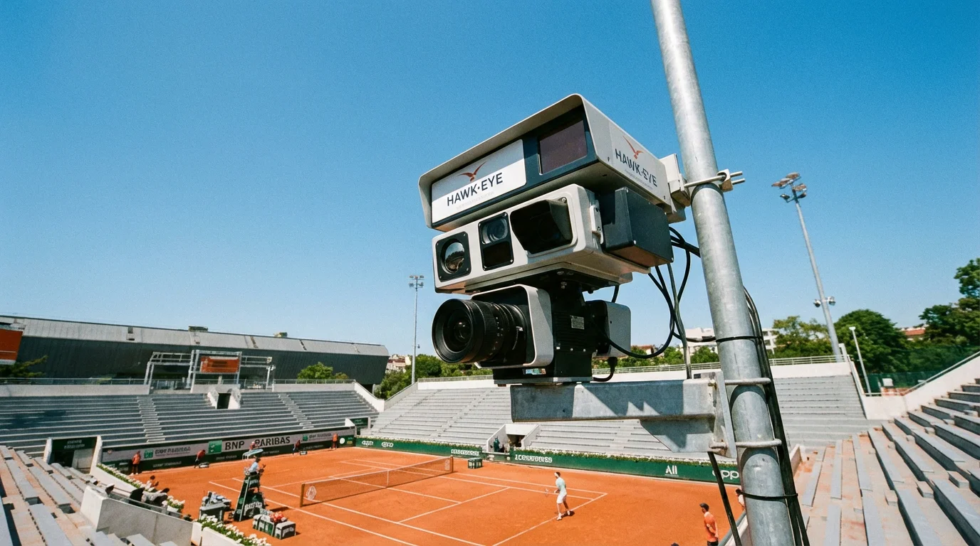 Câmara Hawk-Eye montada sobre um campo de ténis profissional